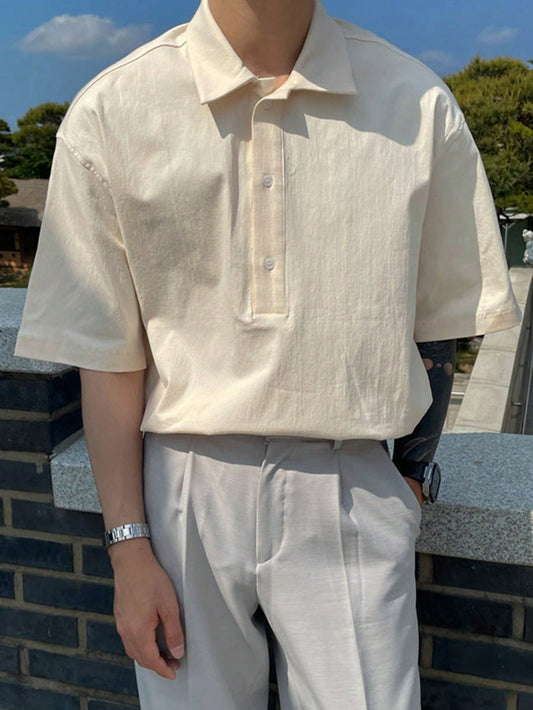 Men's Summer Solid Color Polo Collar Short Sleeve Loose Casual Shirt