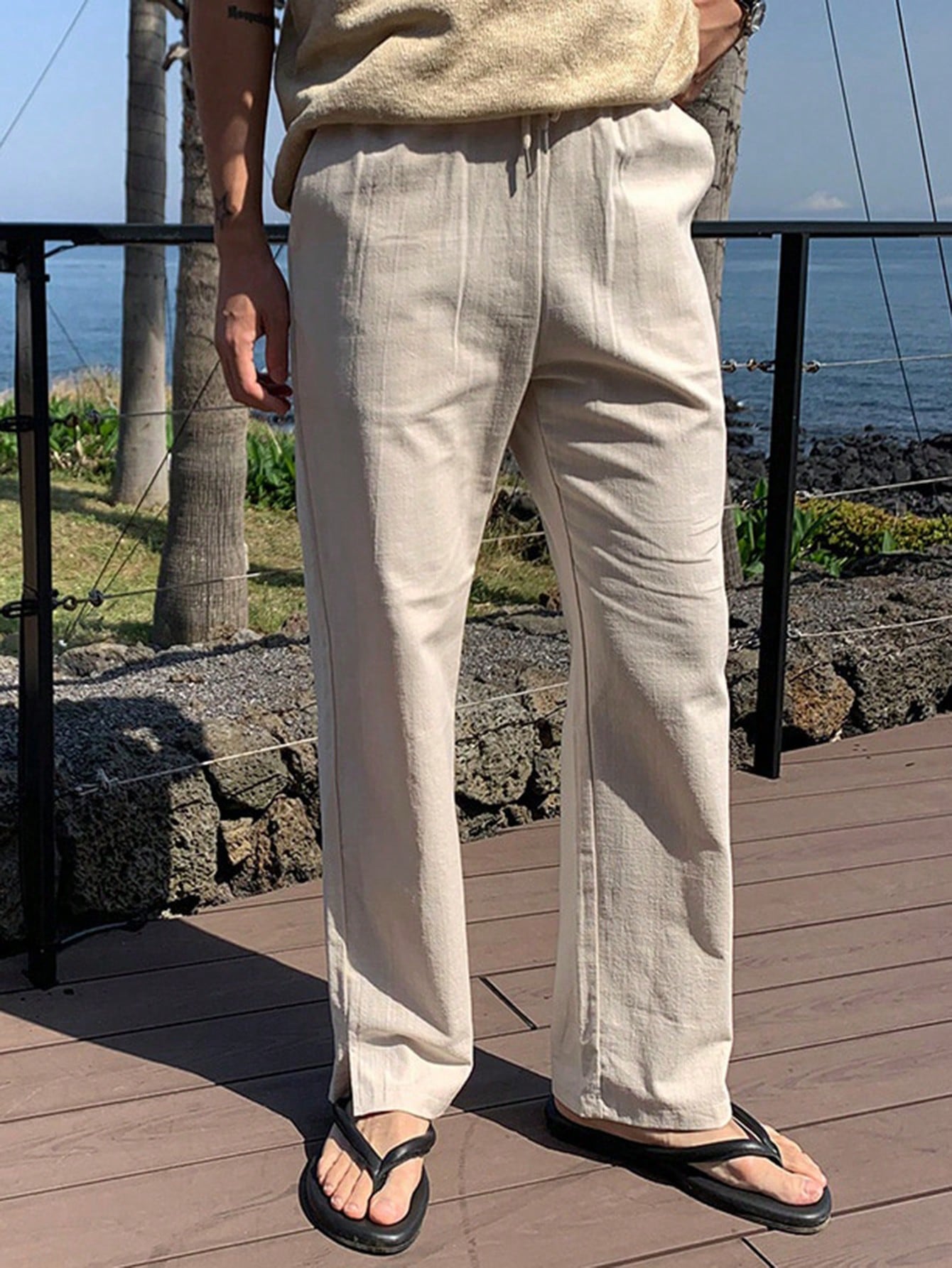 Men Summer Solid Color Drawstring Pants With Pockets