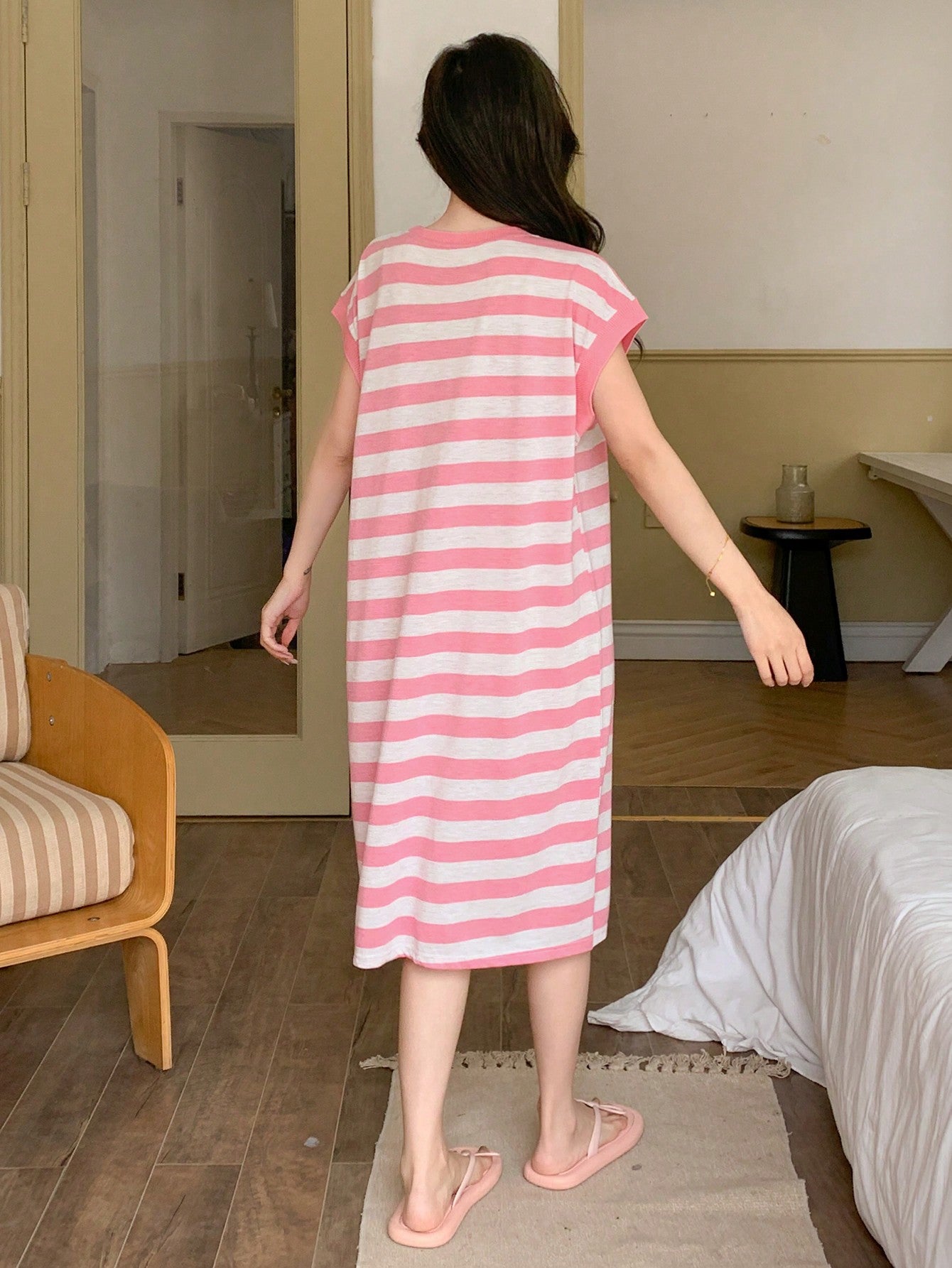 Round Neck Cartoon Pattern Striped Sleeveless Home Dress