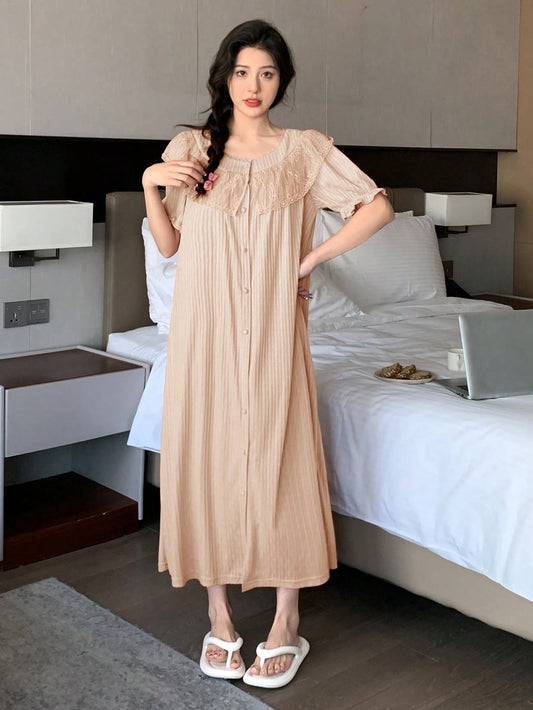 Lace Patchwork Ruffle Hem Button-Front Straight Summer Comfortable Nightgown