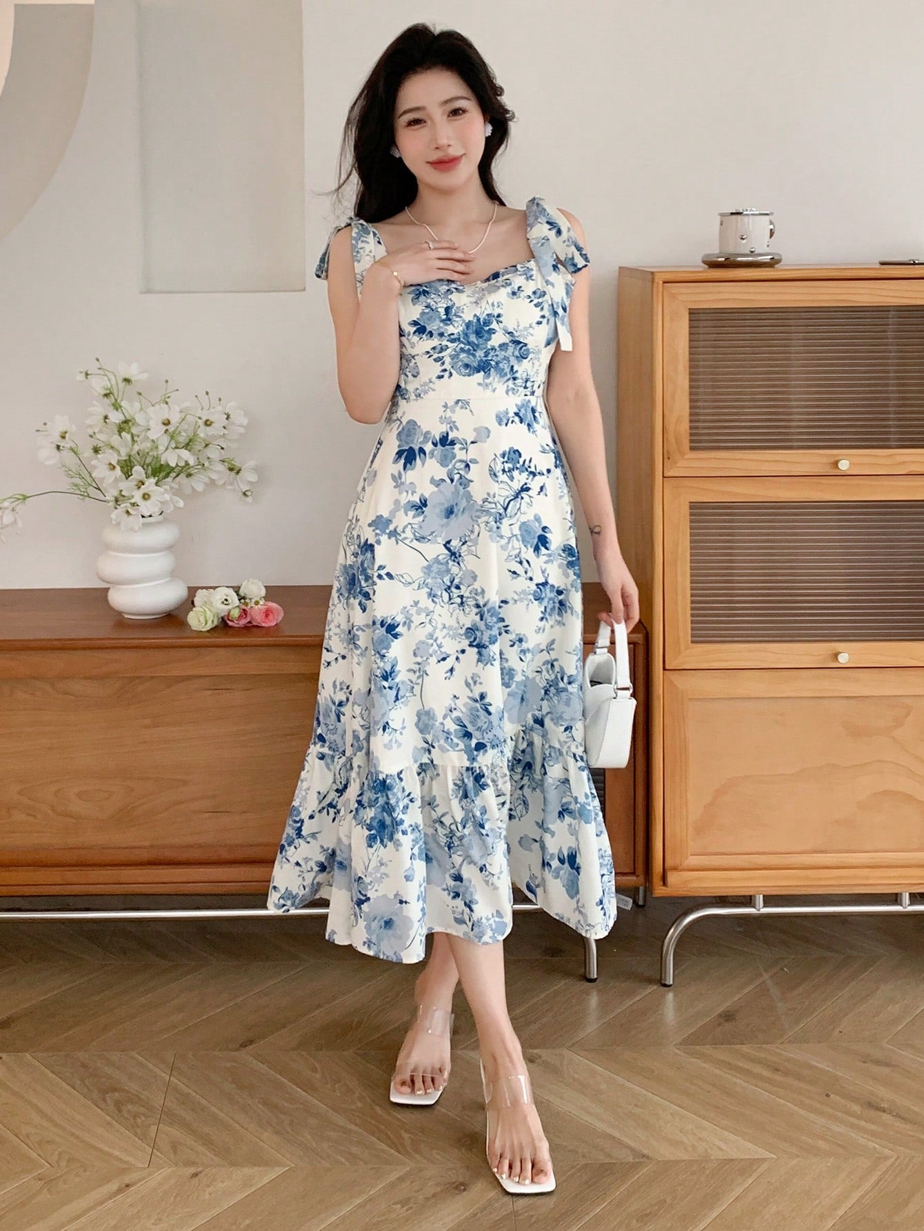 Women Summer Vacation Style Floral Printed Halter Fish Tail Dress