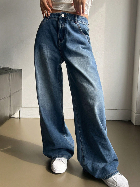 Women's Loose Fit Wide Leg Denim Jeans With Pockets, Floor Length