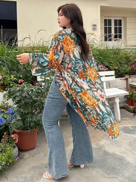 Plus Size Full Body Printed Long Kimono Cardigan