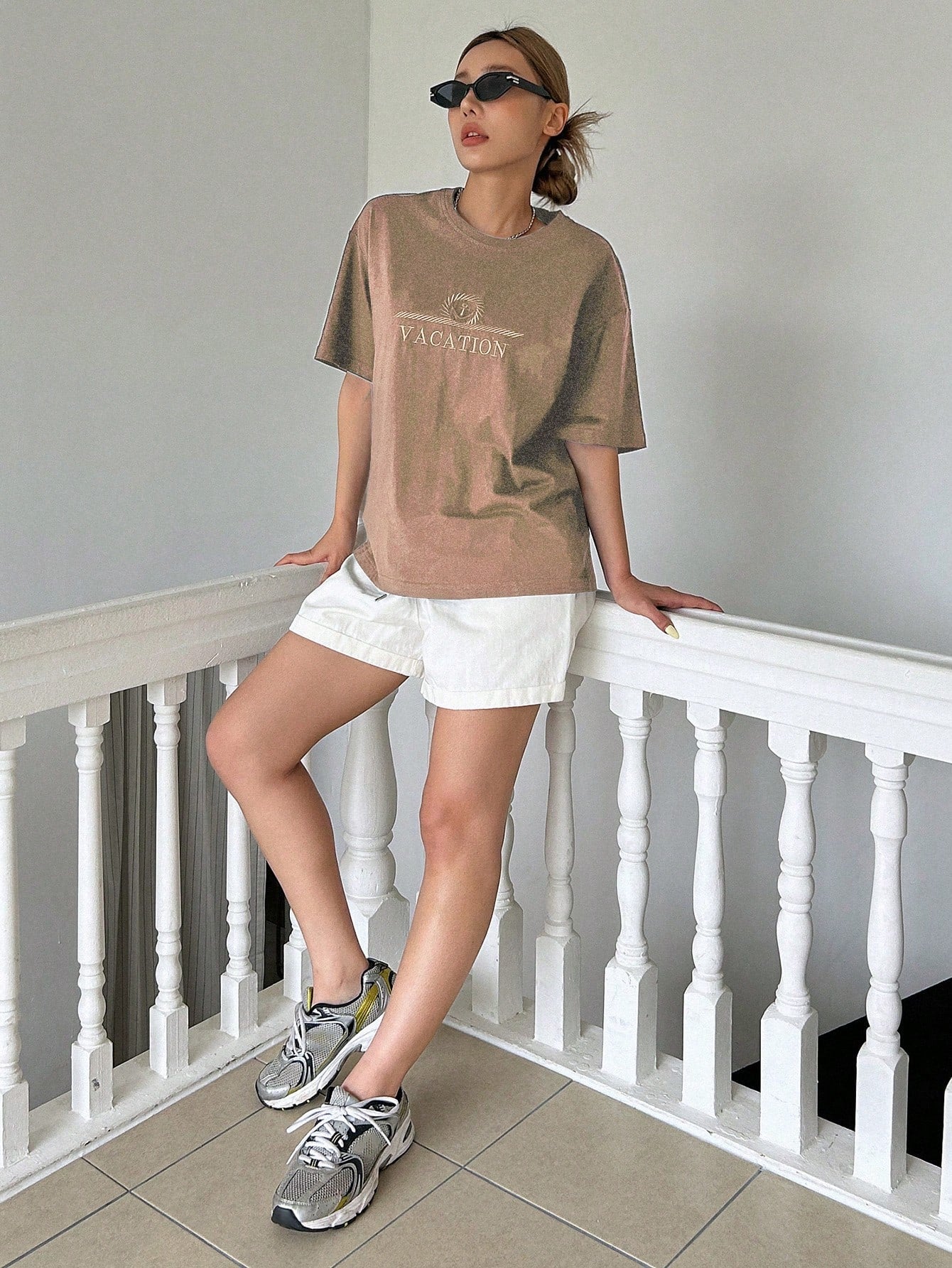 Ladies' Summer Casual T-Shirt, Round Neck, Short Sleeve, Embroidered Alphabet Design