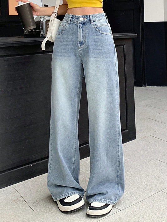 Women High-Waist Wide-Leg Denim Pants With Pockets And Washed Finish