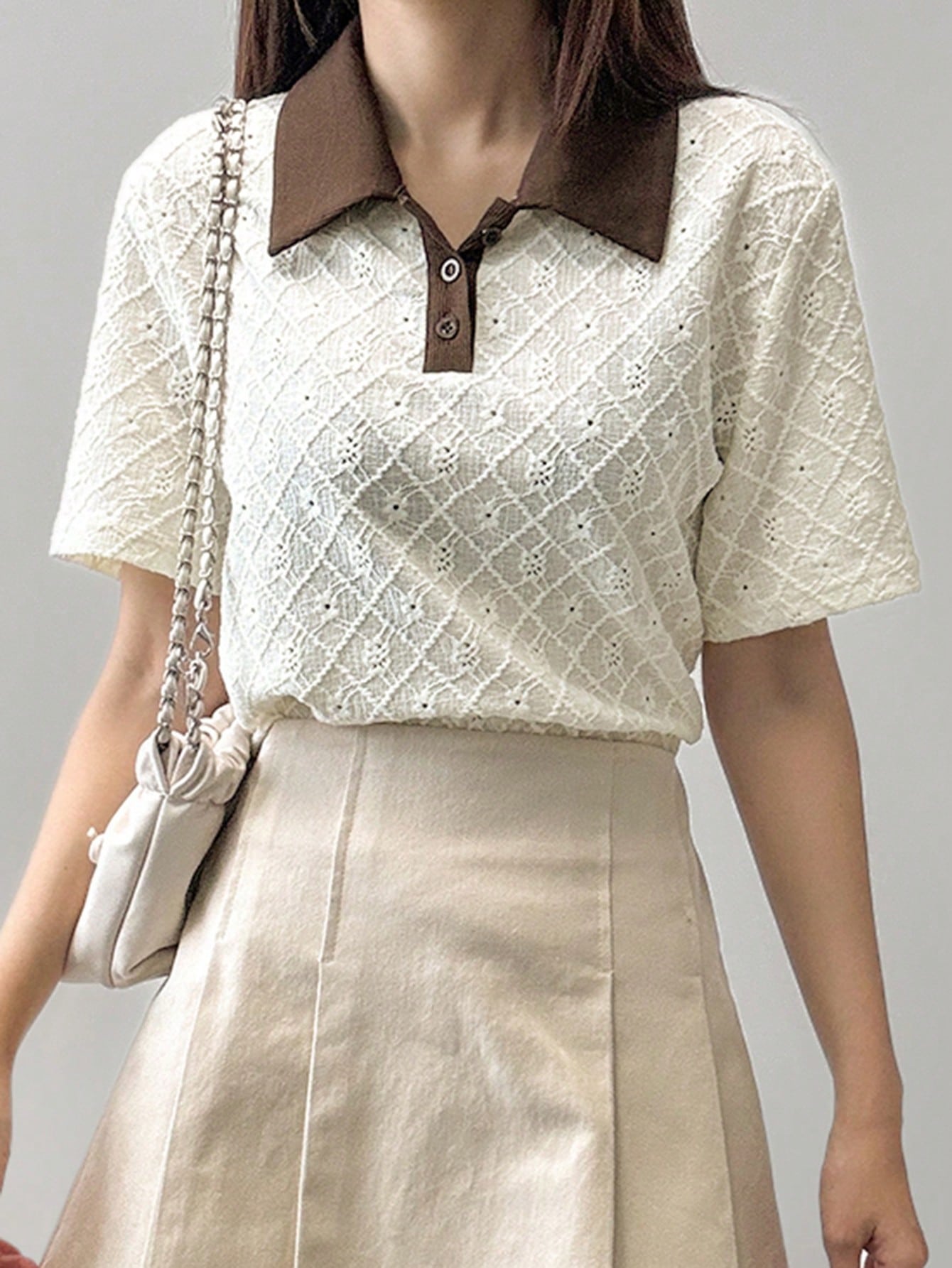 Summer Casual Colorblock Polo Collar Jacquard Loose Short Sleeve T-Shirt