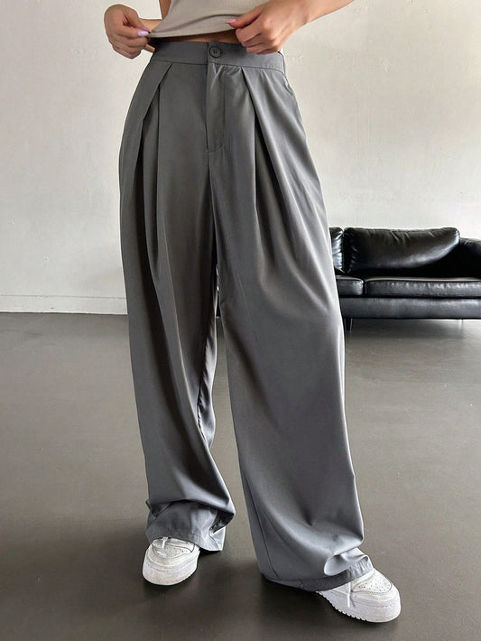 Solid Color Pleated Long Women\ Suit Pants