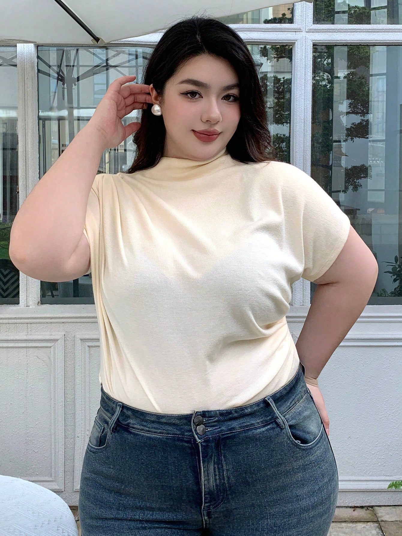Plus Size Solid Color Pleated Elegant Half High Collar Short Sleeve T-Shirt