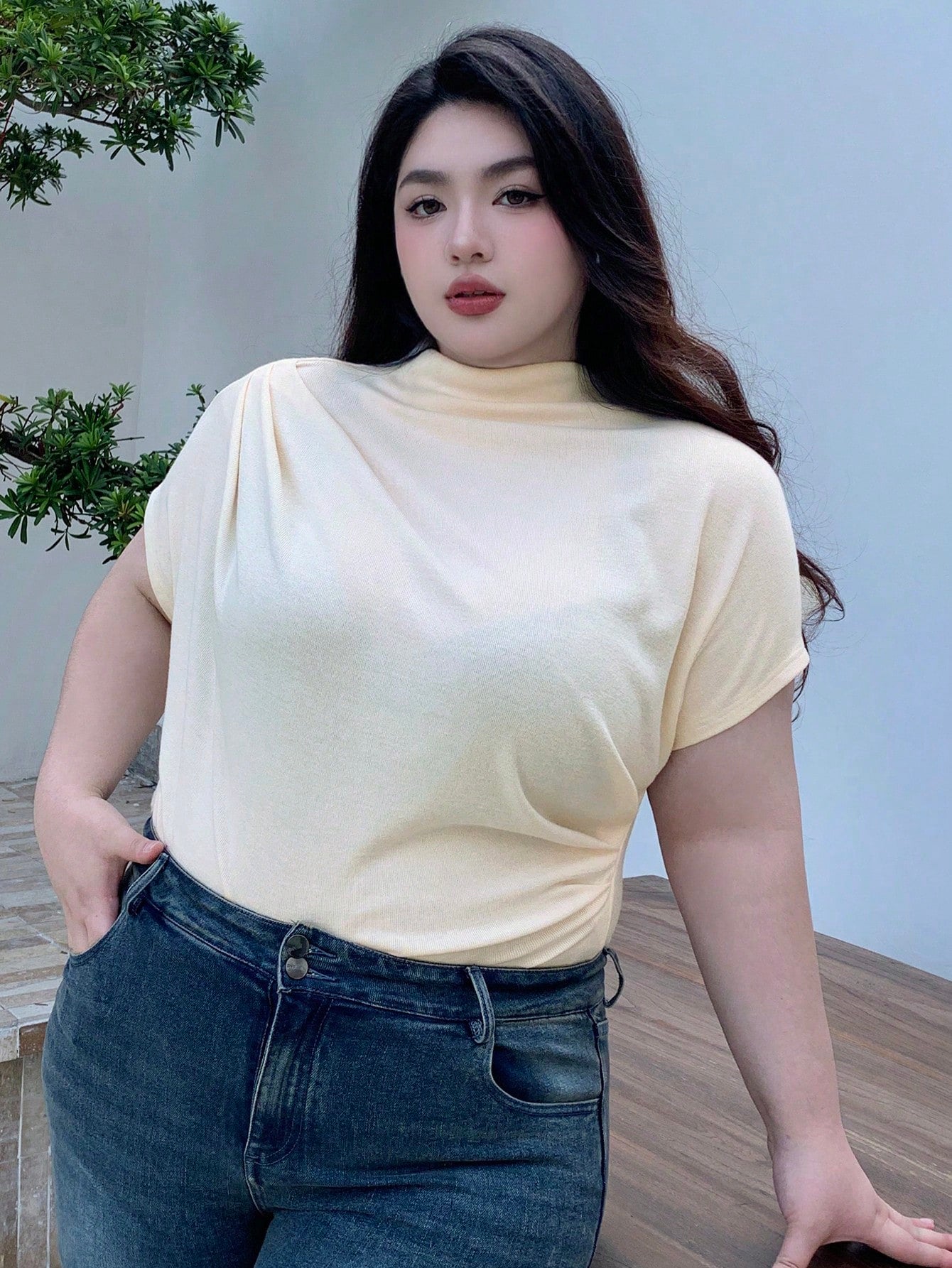 Plus Size Solid Color Pleated Elegant Half High Collar Short Sleeve T-Shirt