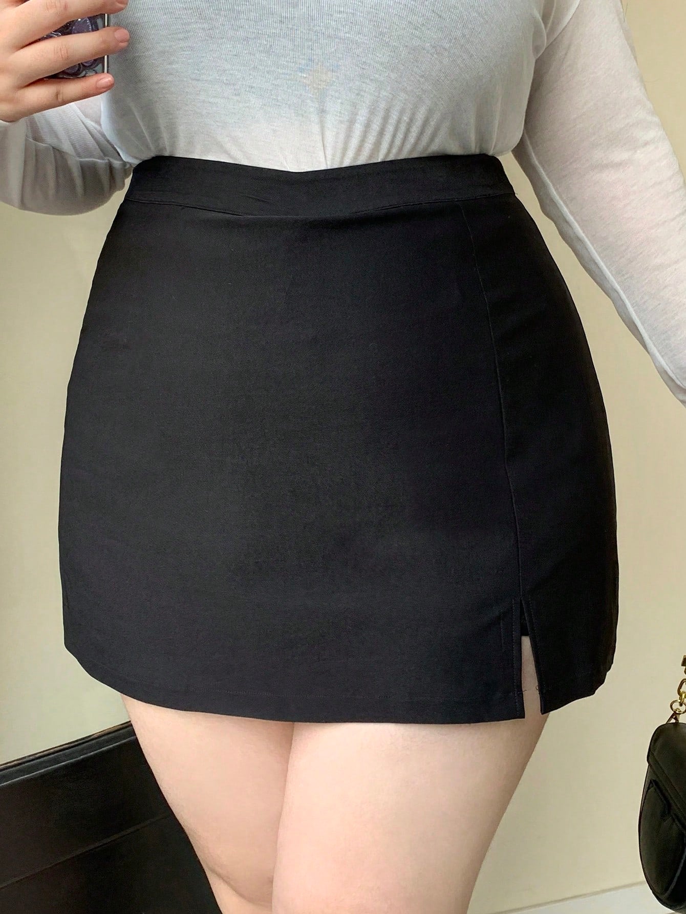 Plus Size Women Solid Color A-Line Short Skirt With Split Hem