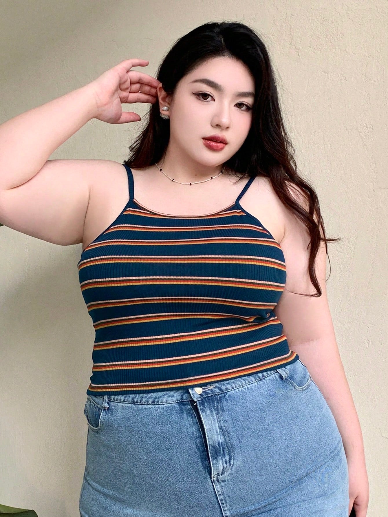Dazy Plus Plus Size Striped Slim Fit Camisole Top For Summer