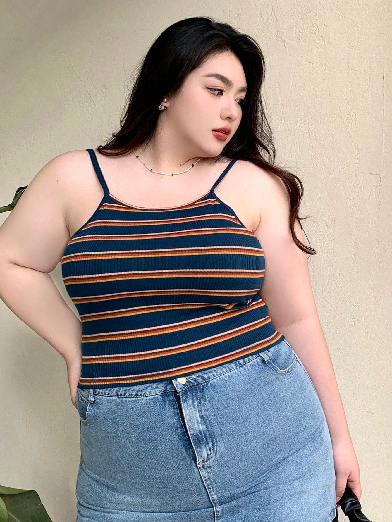 Dazy Plus Plus Size Striped Slim Fit Camisole Top For Summer