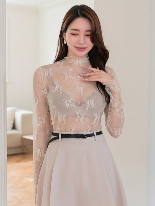 Women Stand Collar Lace Perspective Long Sleeve Top, Suitable For Spring And Summer