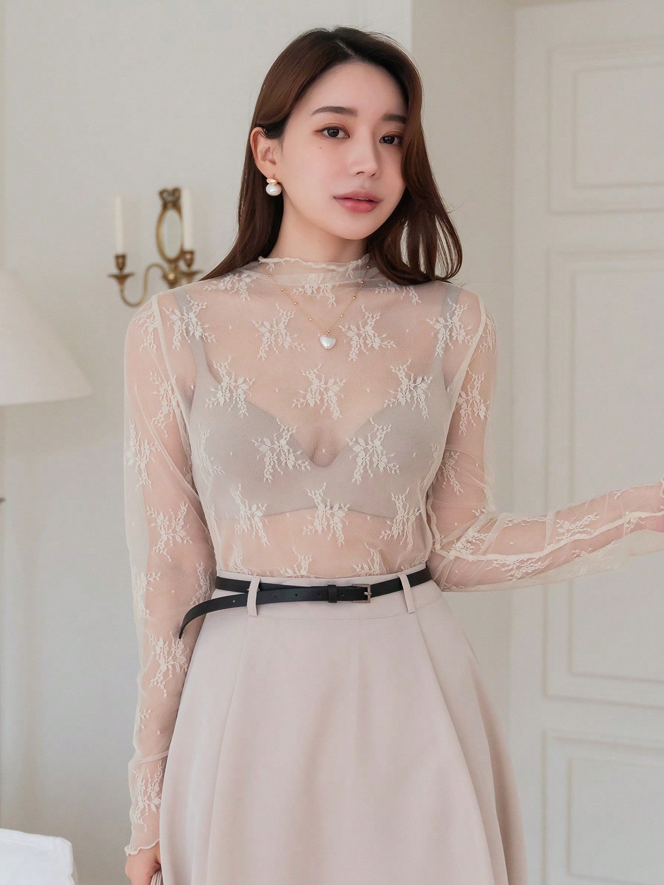 Women Stand Collar Lace Perspective Long Sleeve Top, Suitable For Spring And Summer