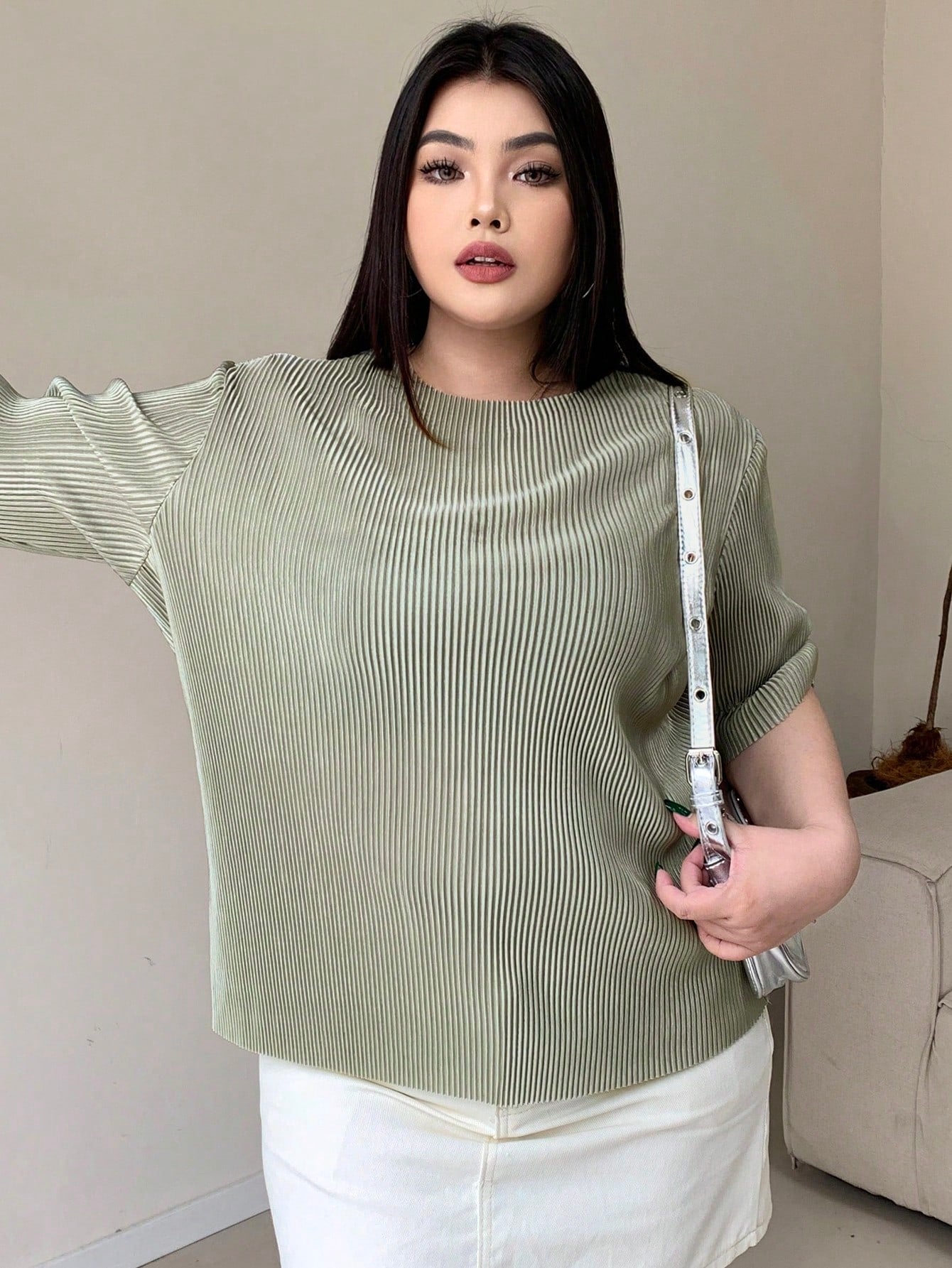 Plus Size Summer Casual Round Neck Pleated Short Sleeve T-Shirt