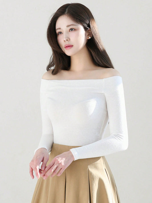 Women Casual Solid Color One Shoulder Slim Fit Long Sleeve T-Shirt