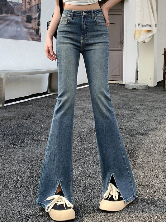 Women Casual Split Hem Flared Jeans For Everyday Outfit