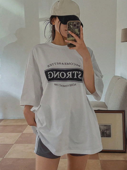 Women Oversize Drop Shoulder Letter Print T-Shirt For Summer