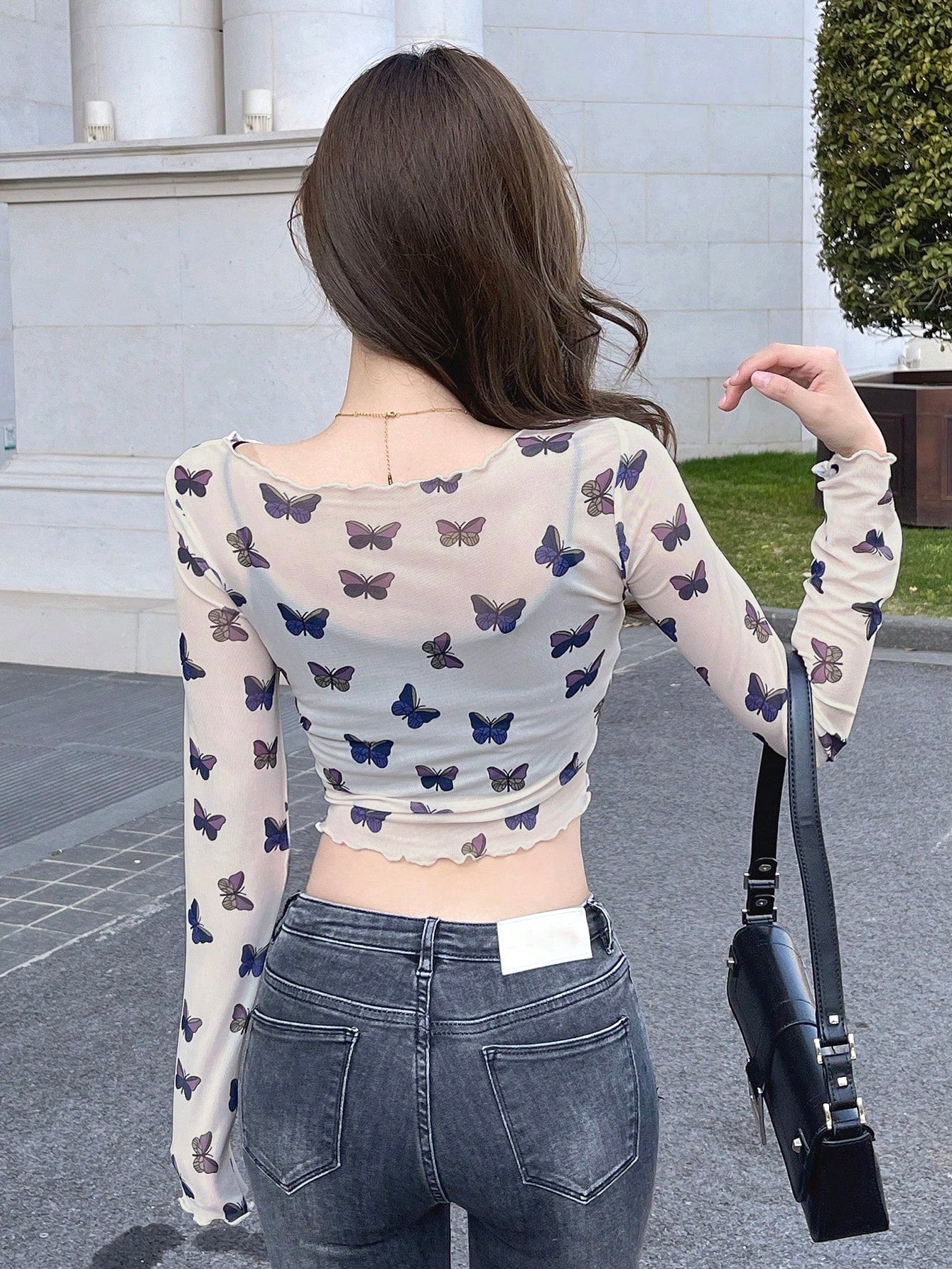 Ladies" Spring And Summer Butterfly Print Round Neck Long Sleeve Cropped Mesh Top