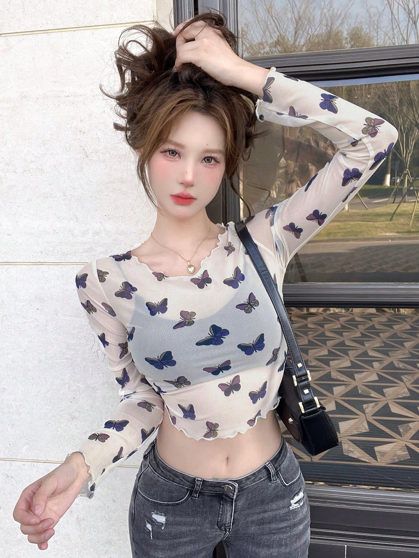 Ladies" Spring And Summer Butterfly Print Round Neck Long Sleeve Cropped Mesh Top