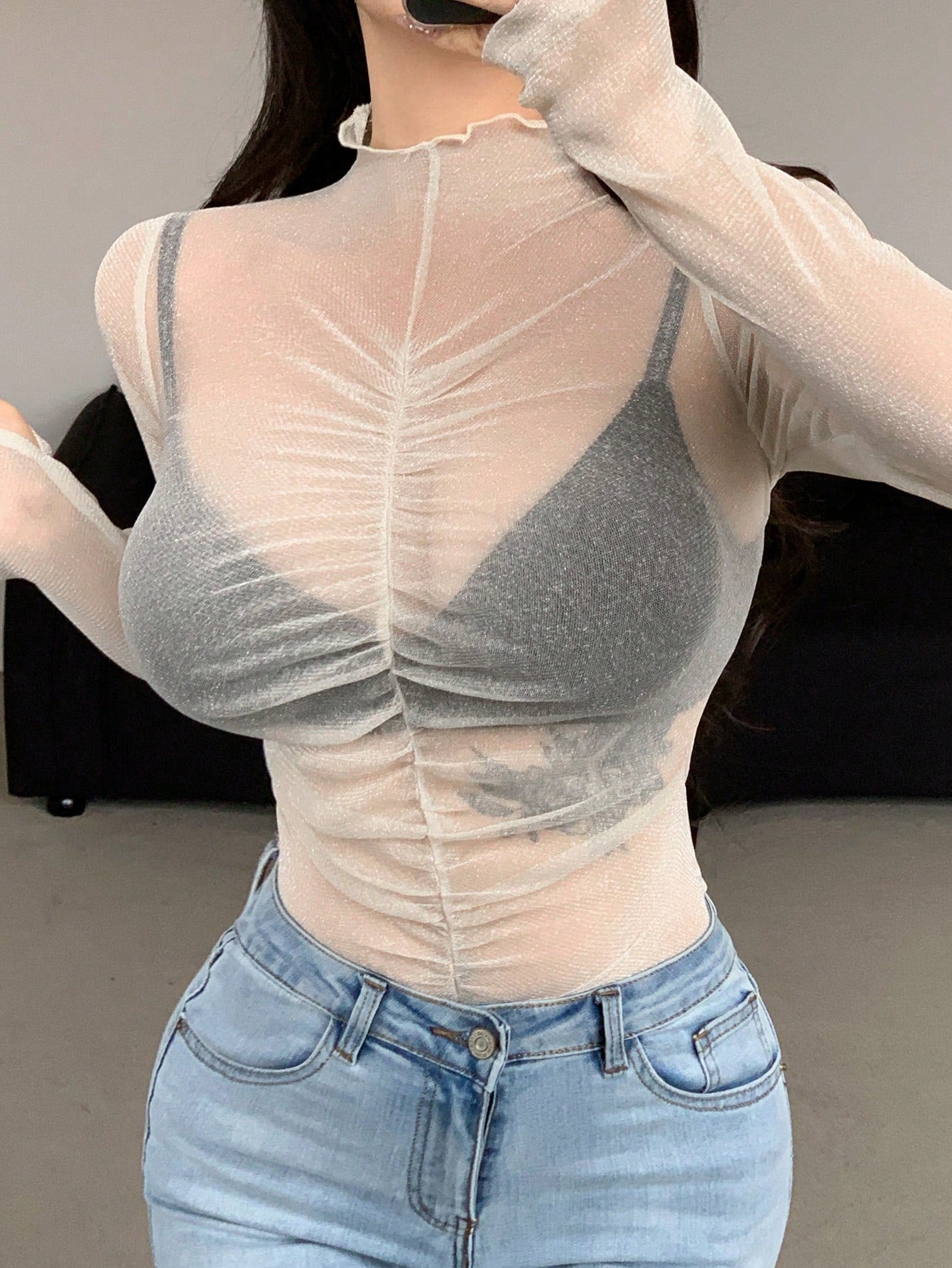 Women Stand Collar Ruched Slim Fit Crop Top In Sheer Mesh