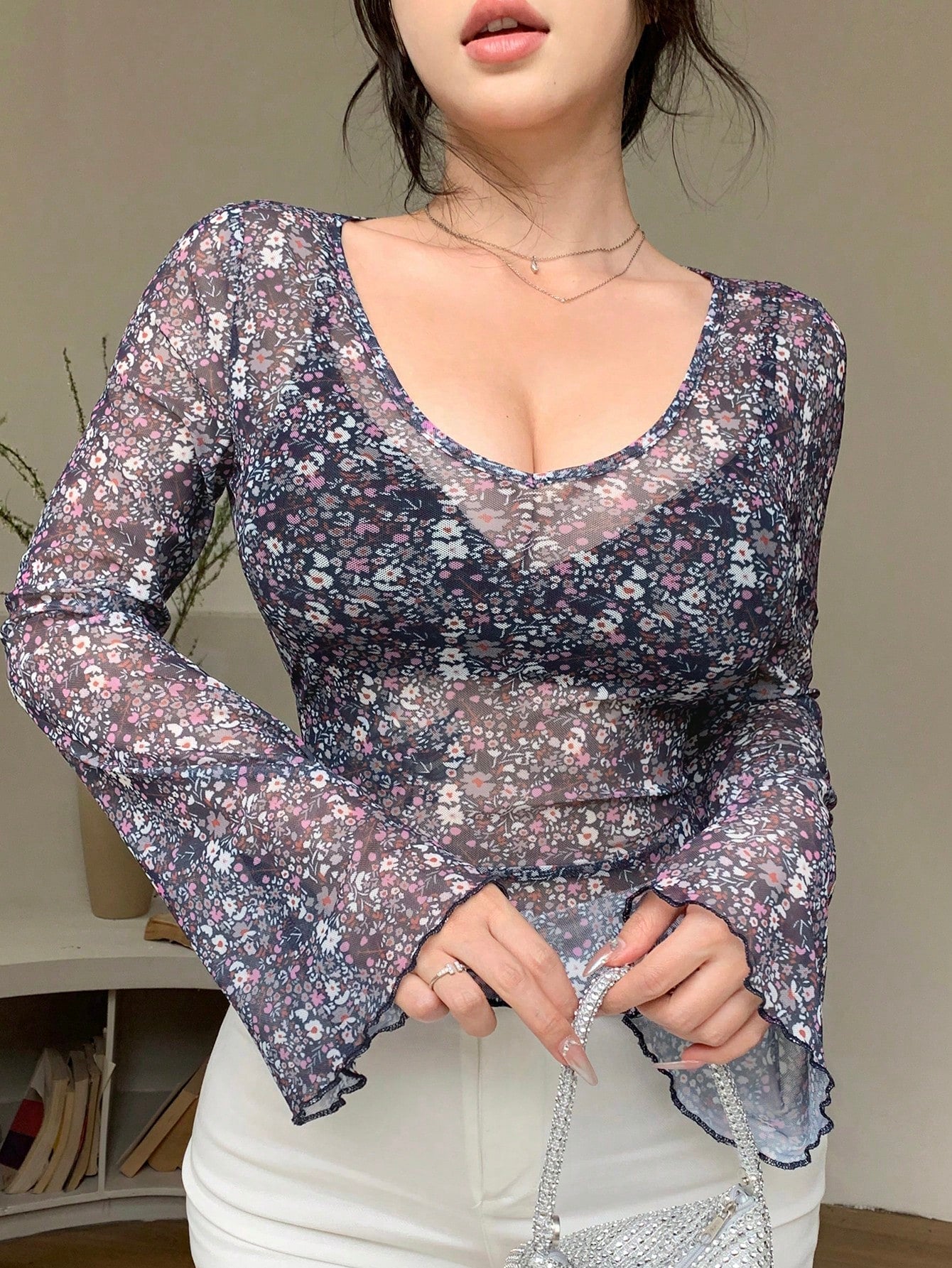 Women Ditsy Floral Bell Sleeve Sheer Top For Summer