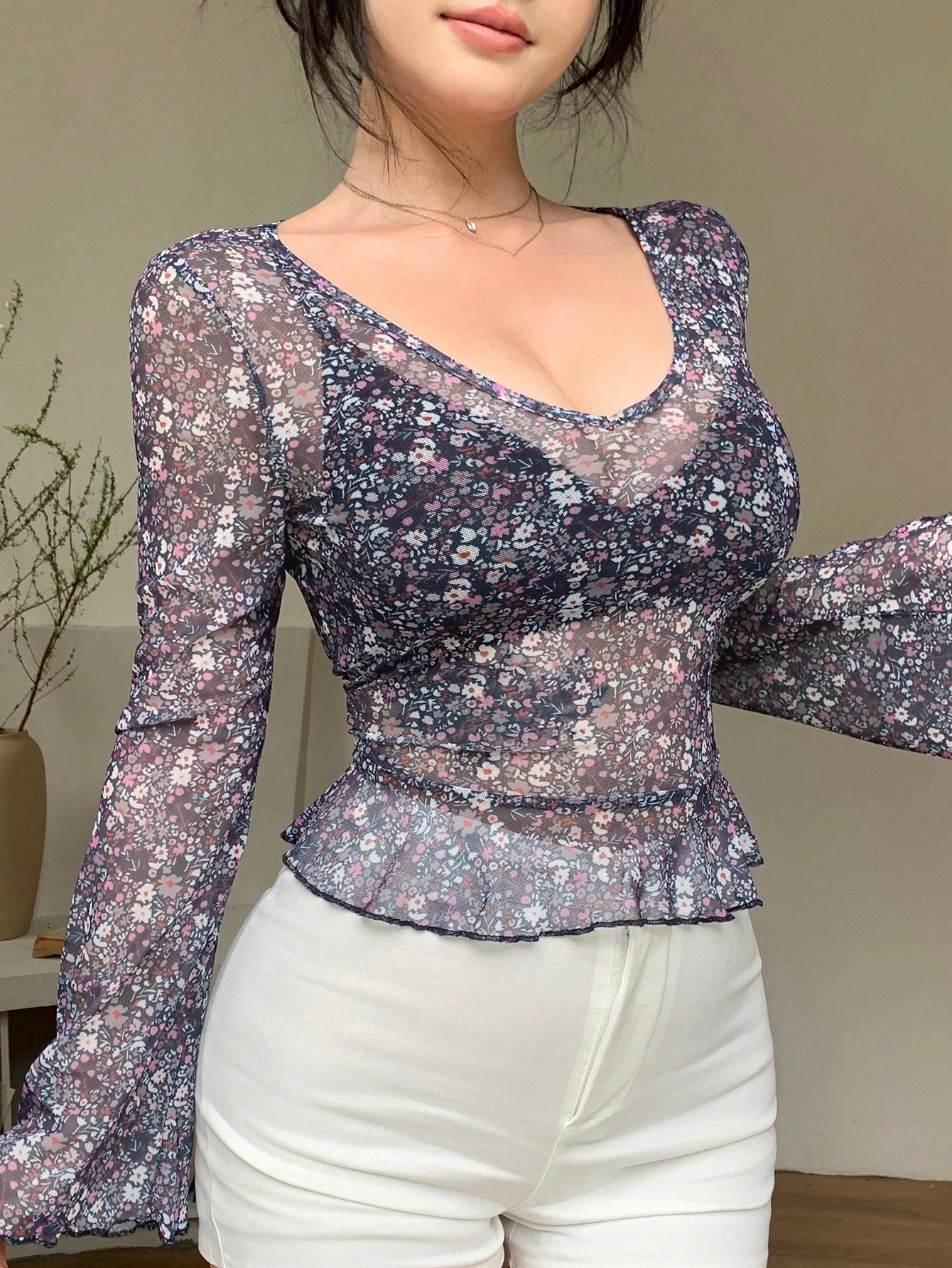 Women Ditsy Floral Bell Sleeve Sheer Top For Summer