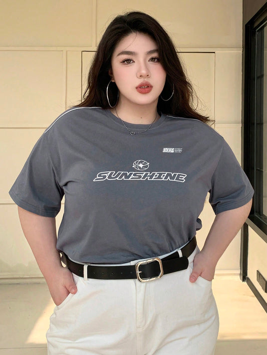 Plus Size Summer Casual Loose Fit Street Style Longline T-Shirt With Letter Print Short Sleeves