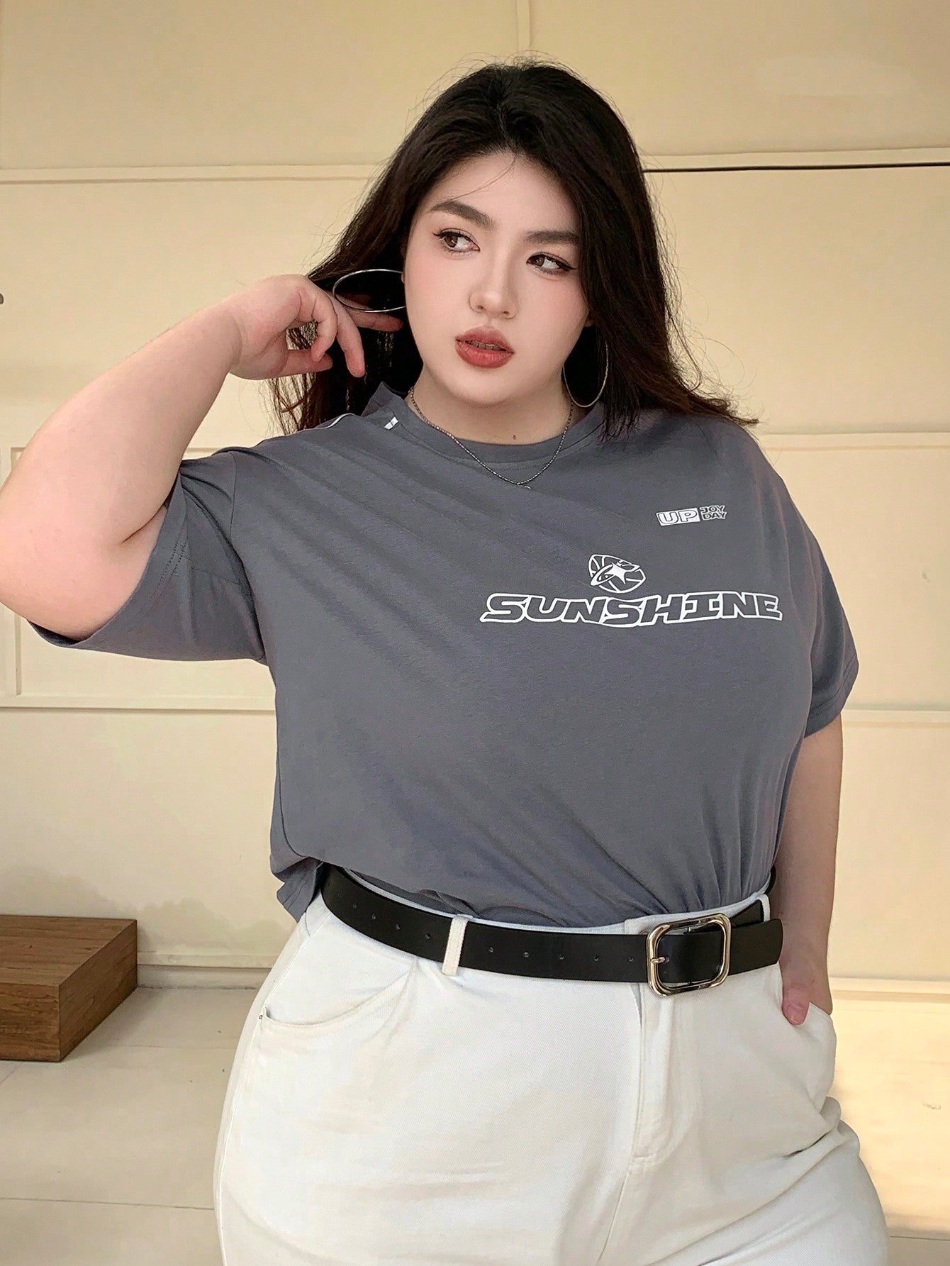 Dazy Plus Plus Size Summer Casual Loose Fit Street Style Longline T-Shirt With Letter Print Short Sleeves