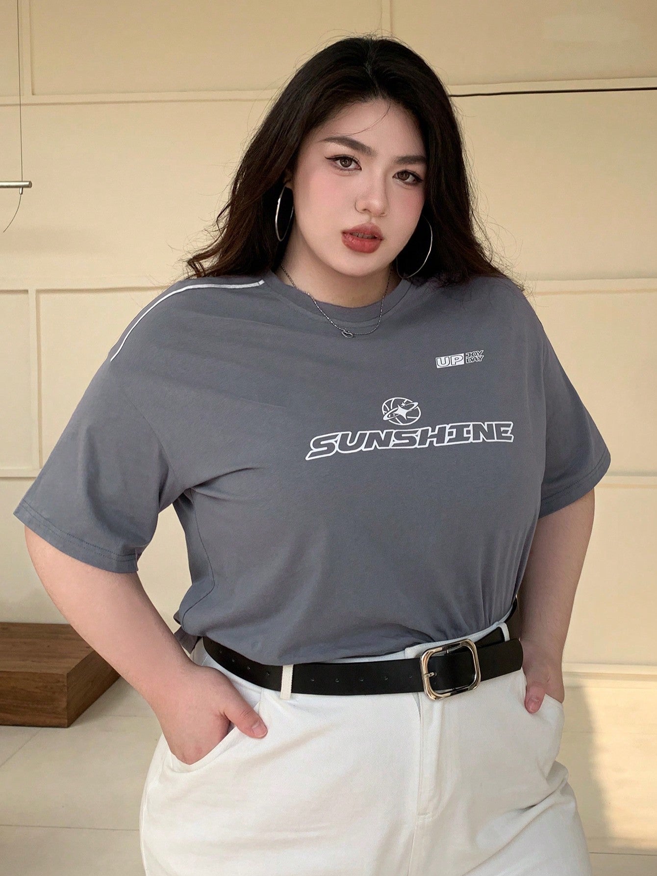 Dazy Plus Plus Size Summer Casual Loose Fit Street Style Longline T-Shirt With Letter Print Short Sleeves