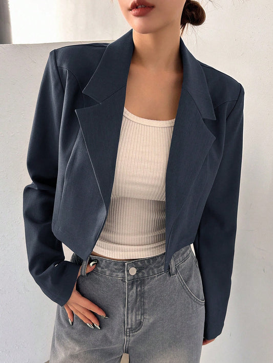 Solid Color Short Blazer Jacket For Women With Turn-Down Collar