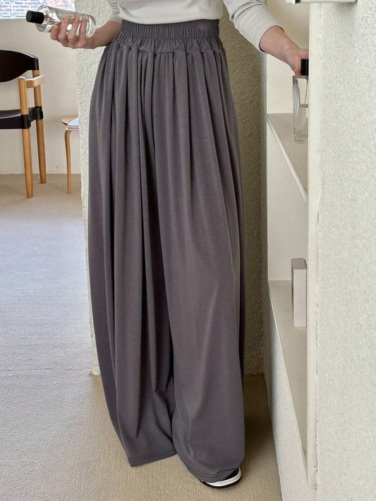 Women Solid Color Ultra-Loose Long Wide-Leg Pants With Flared Hem