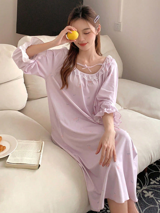 Women Lace Trimmed Sleepwear With Big U-Neckline And Ruffled Sleeves