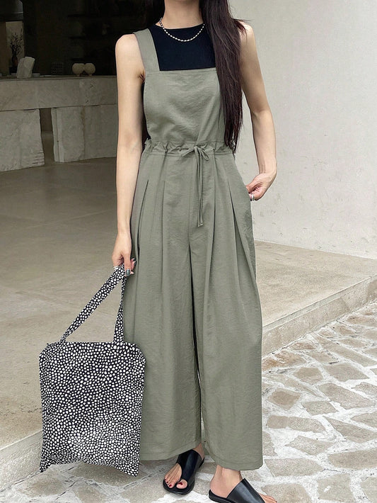 Women Solid Color Drawstring Waist Jumpsuit With Wide Leg And Sleeveless Design For Spring And Summer