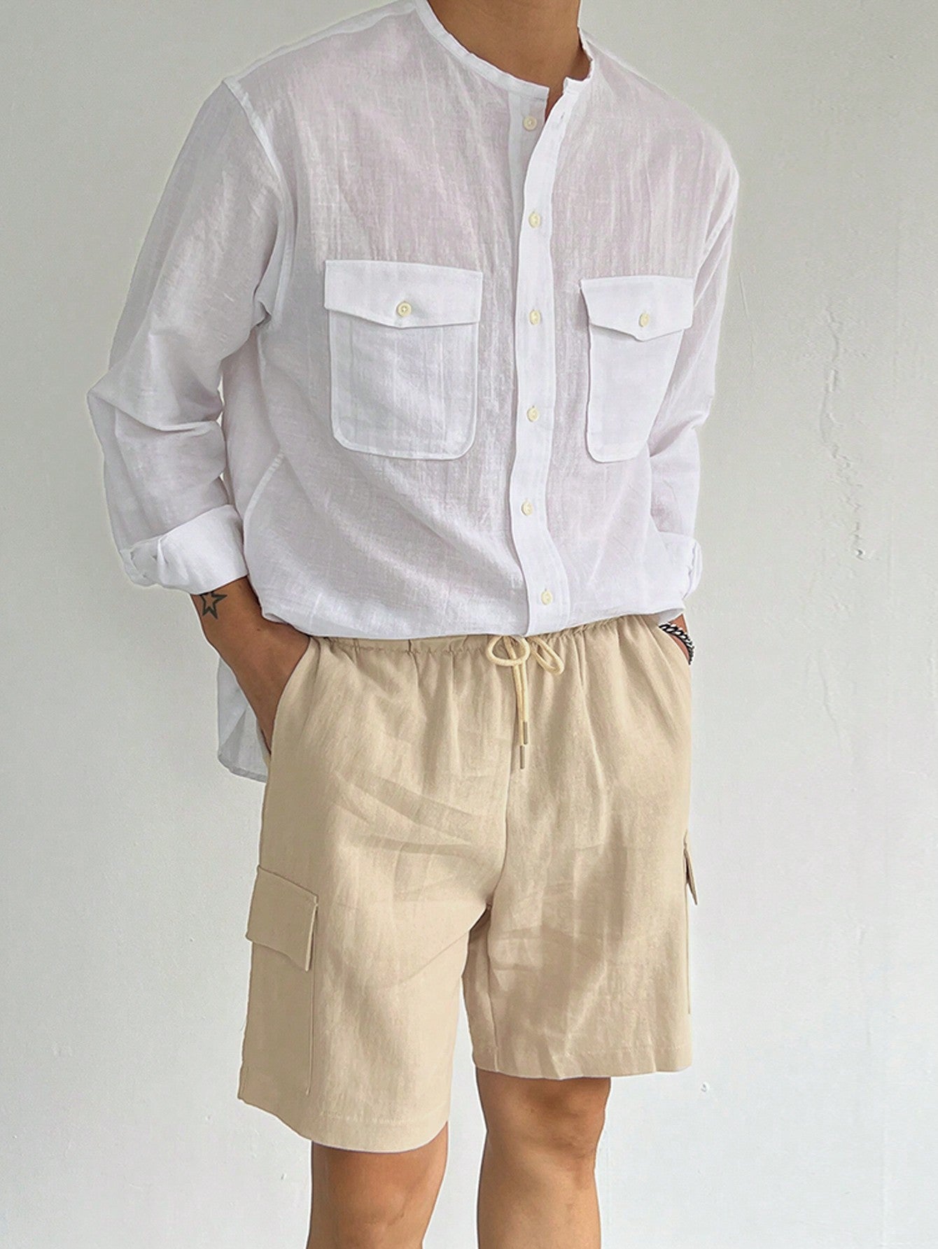 Men Solid Color Drawstring Cargo Shorts For Summer
