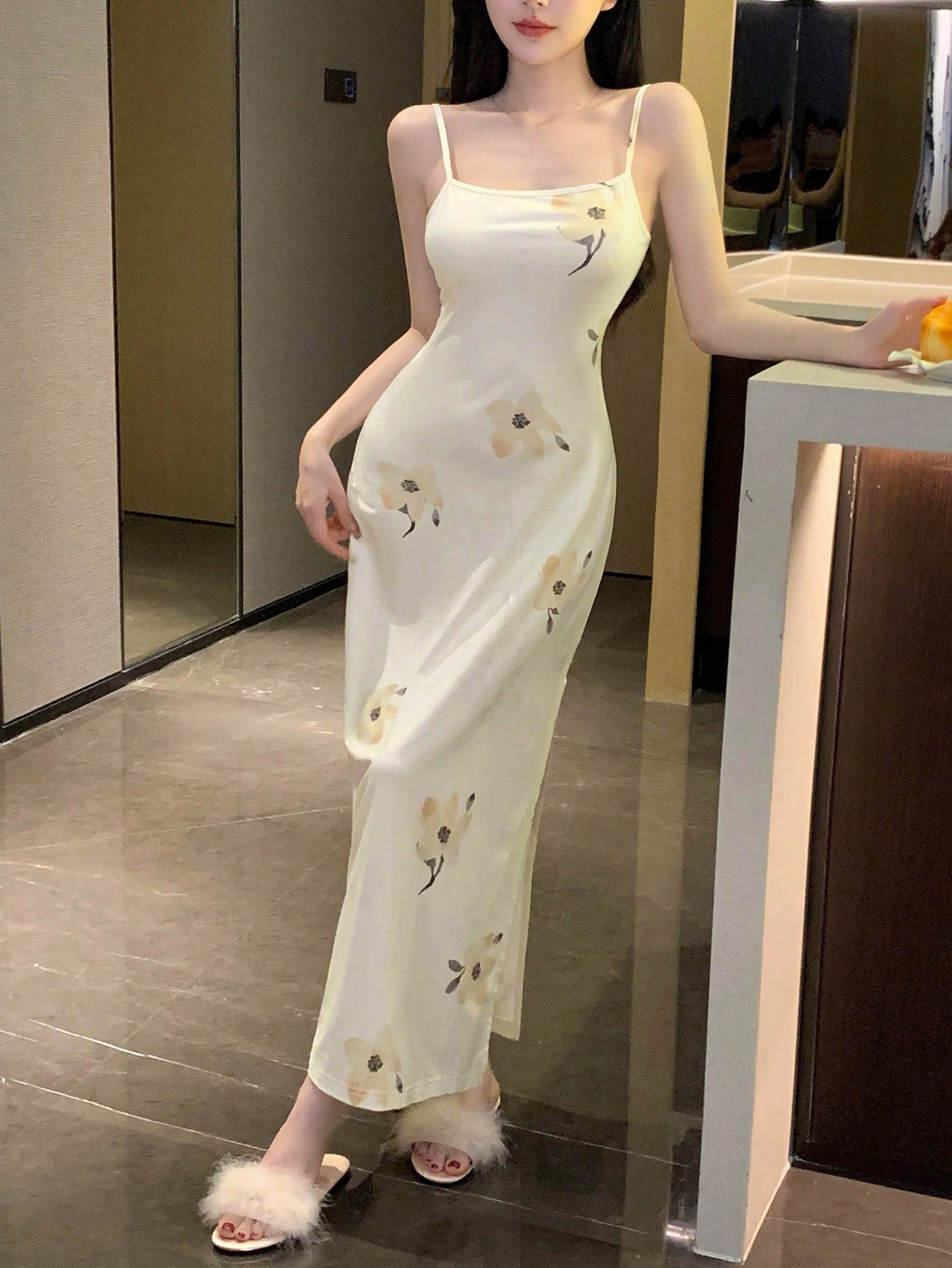 Floral Print Slim Fit Spaghetti Strap Sleep Dress, Elegant For Summer
