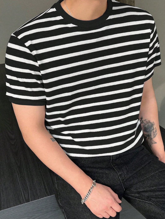 Men Summer Striped Print Round Neck Short Sleeve Casual T-Shirt