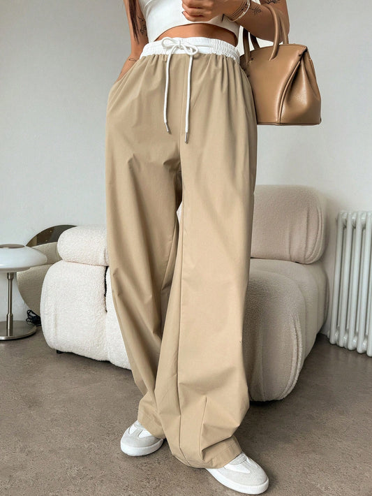 Women Elastic Waist Long Pants With Color Block Splicing And Drawstring