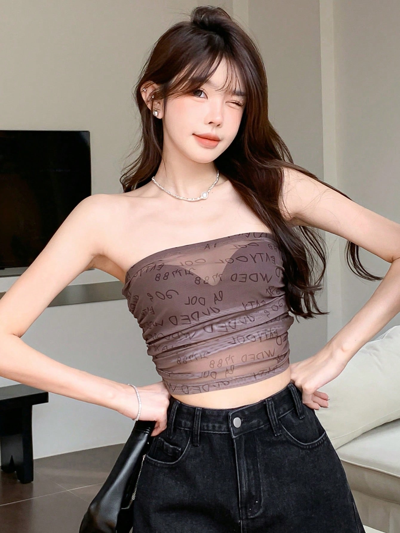Womens Summer Letter Print Ruffle Mesh Short Tube Top With Slim Fit