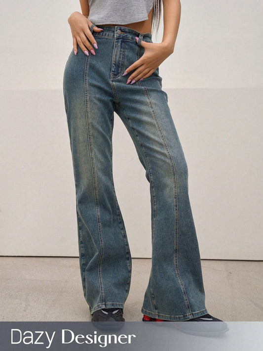 Ladies" Washed Patchwork Flared Jeans With A Vintage Look
