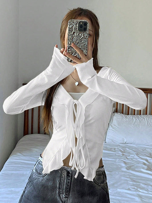 Women Spring/Summer Solid Color Ruffled Front Lace-Up Long Sleeve Hollow Out Leisure T-Shirt