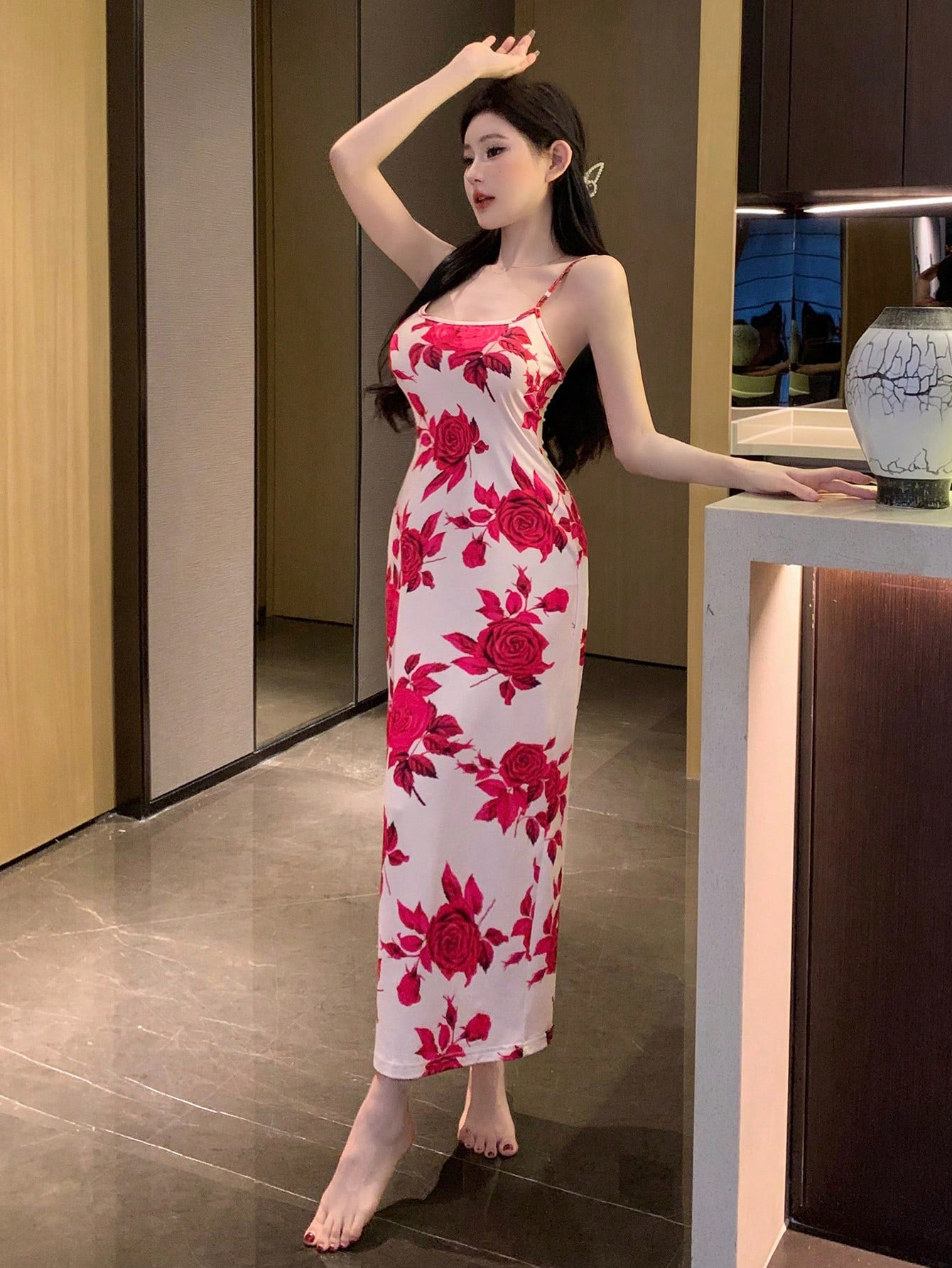 Romantic Floral Printed Slim Fit Cami Sleep Dress