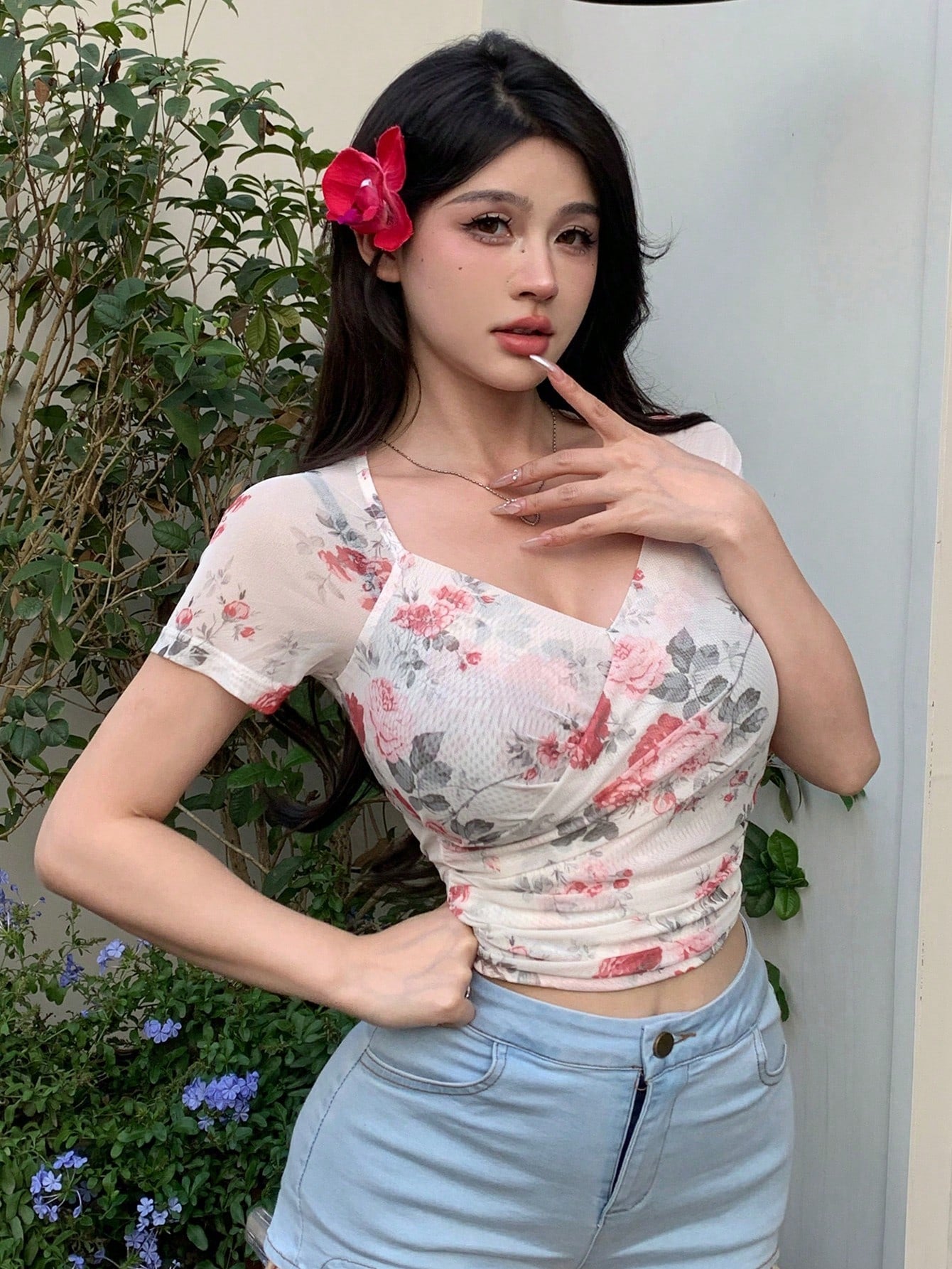 Ladies' Floral Printed Mesh Short Sleeve Top