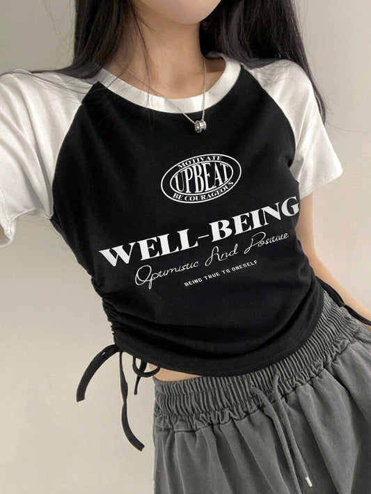 Women Short Sleeve T-Shirt With Color Block And Letter Patchwork
