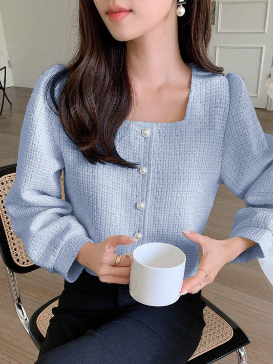 Women Solid Color Square Neck Button Front Long Sleeve Shirt