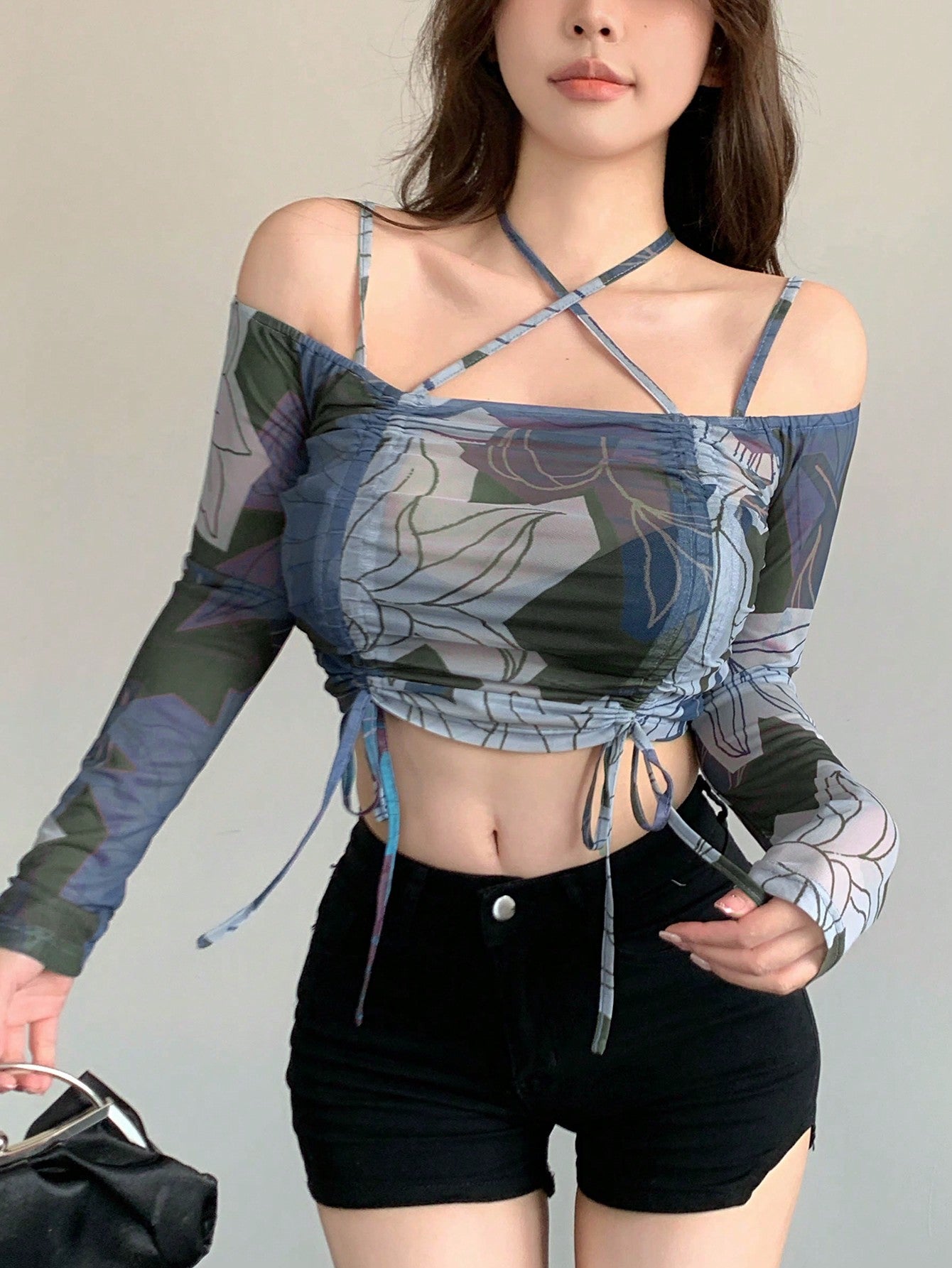 Sheer And Light-Weight Women One Shoulder Long Sleeve Top With Halter And Drawstring