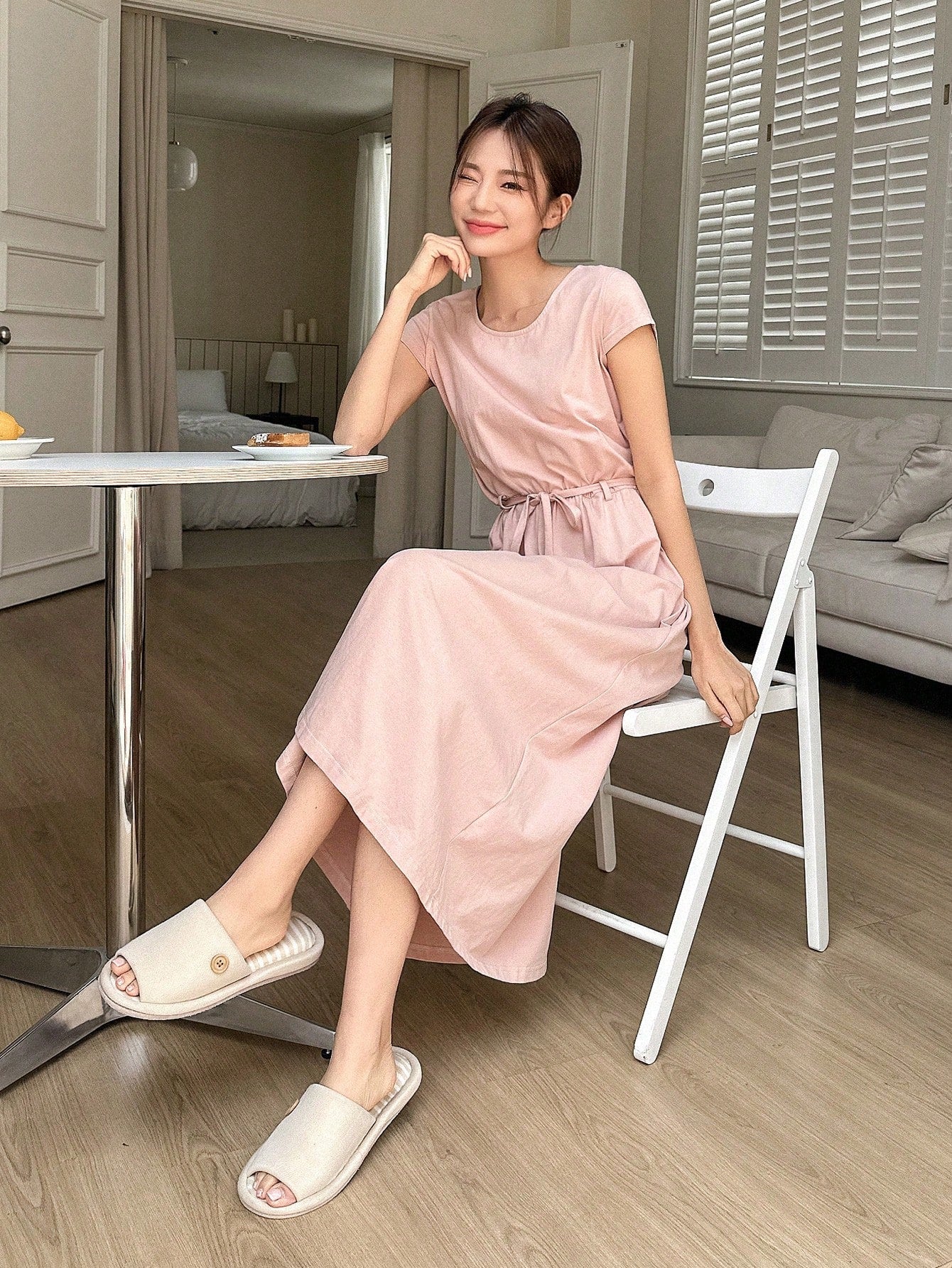 Continued Simple Pure Color Waist-Tying Home Wear Dress