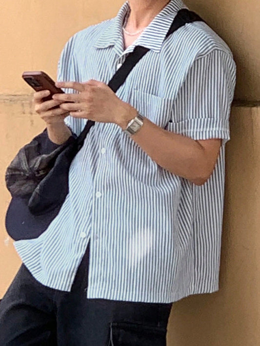 Men Summer Solid Color Striped Short Sleeve Shirt