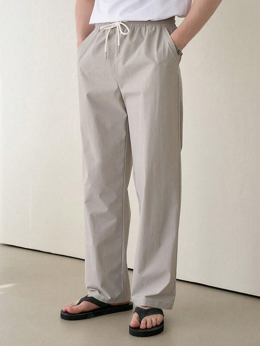 Men Solid Color Drawstring Waist Slant Pocket Casual Straight Pants For Summer