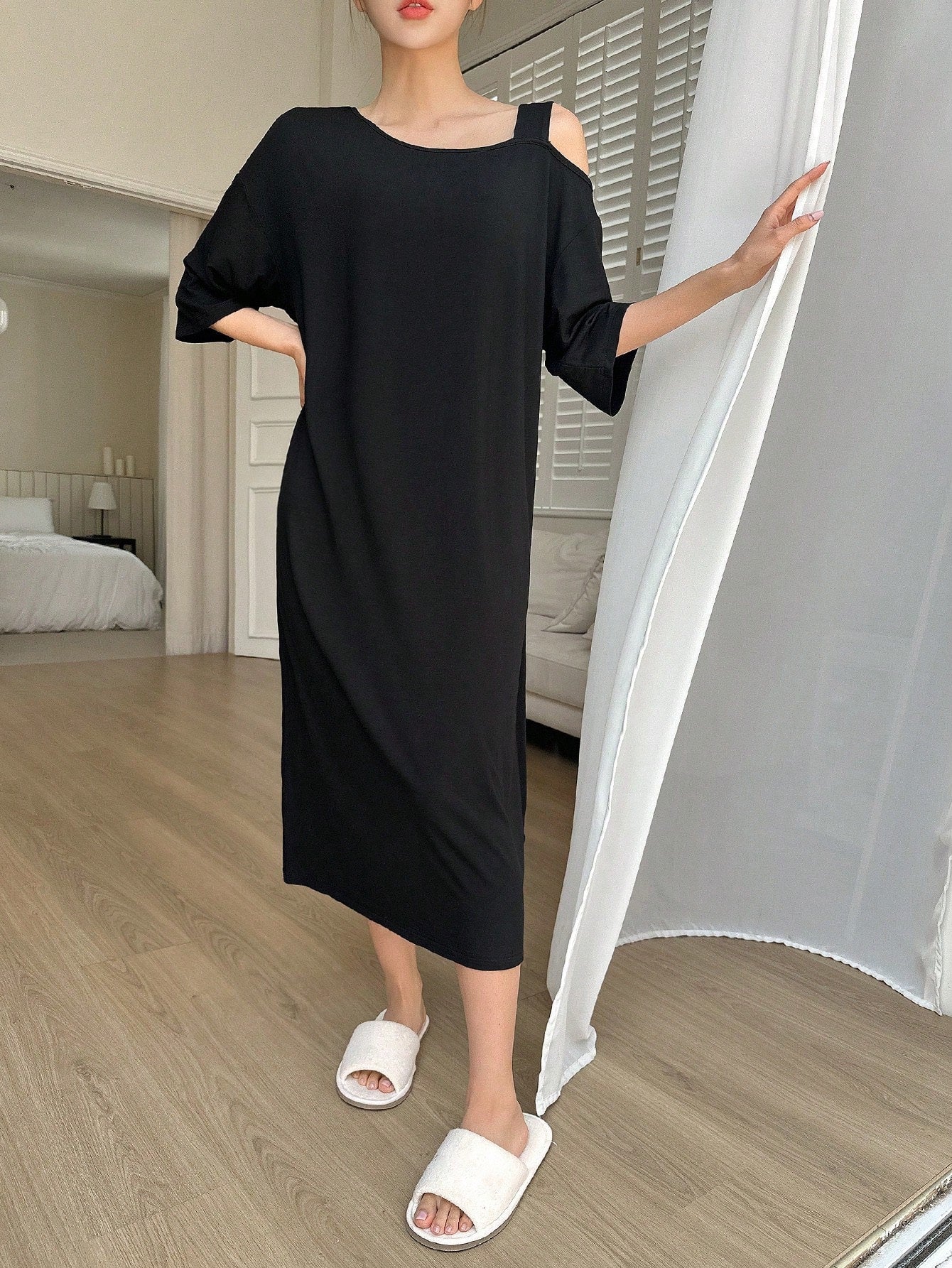 Loose Off-Shoulder Modal Home Dress